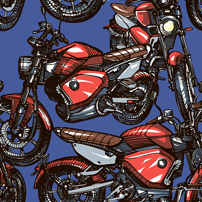 A classic-looking motorcycle - hand-drawn sketch. Seamless Pattern