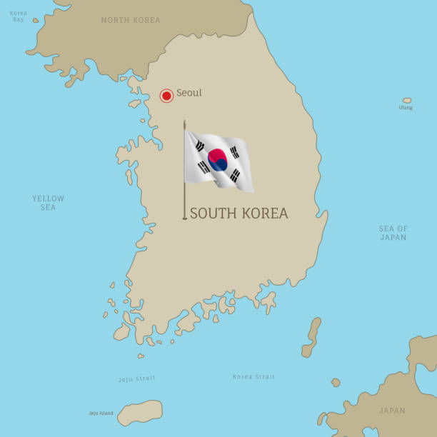 bardzo szczegółowa mapa korei południowej z flagą i etykietami - korean peninsula stock illustrations