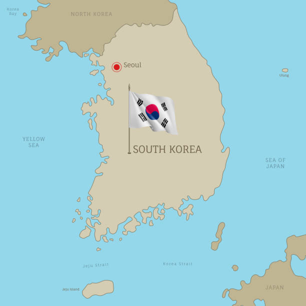 очень детализированная карта южной кореи с флагом и маркировкой - korean peninsula stock illustrations