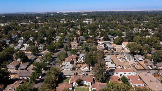 Aerial view of a neighborhood in Merced, California, USA.