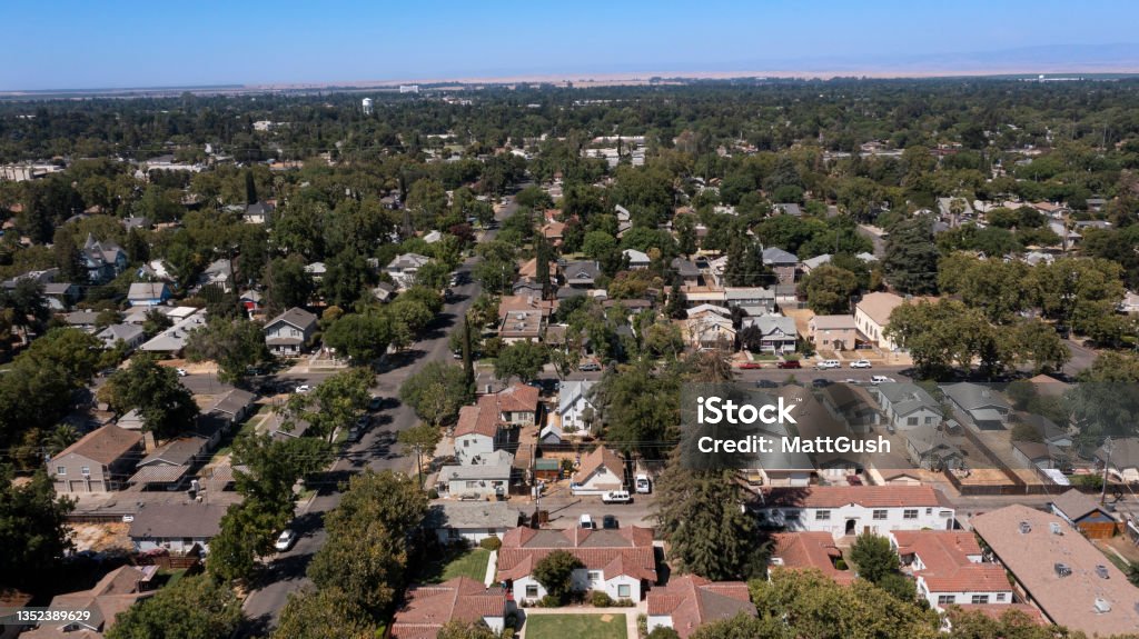 Merced, California Aerial view of a neighborhood in Merced, California, USA. Merced County Stock Photo