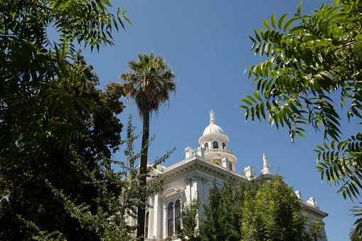 Daytime view of the historic courthouse, constructed in 1875, of Merced, California, USA.