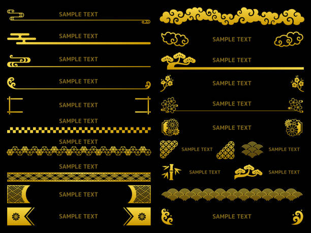 ilustrações, clipart, desenhos animados e ícones de conjunto de ilustração de decorações de manchetes douradas estilo japonês - seigaiha