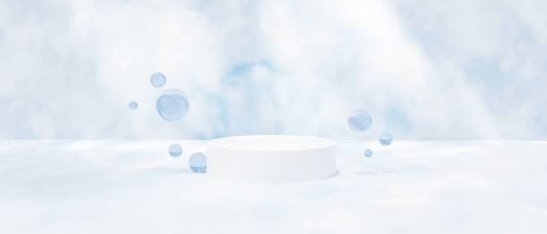 istock Abstract minimal scene - empty stage and circle podium on blue marble background with glass beads. Pedestal for cosmetic or beauty product and packaging mockups display presentation 1352393213