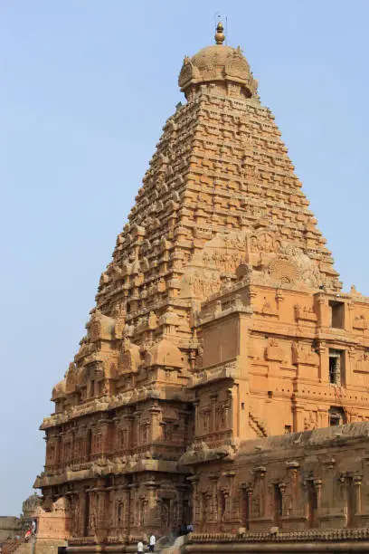 Carved Stone Vimana of the Brihadishvara Temple, Thanjavur, Tamil Nadu, India. Hindu temple dedicated to Lord Shiva