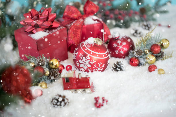 istock Christmas Gifts and Baubles on a Blue Background 1352394617