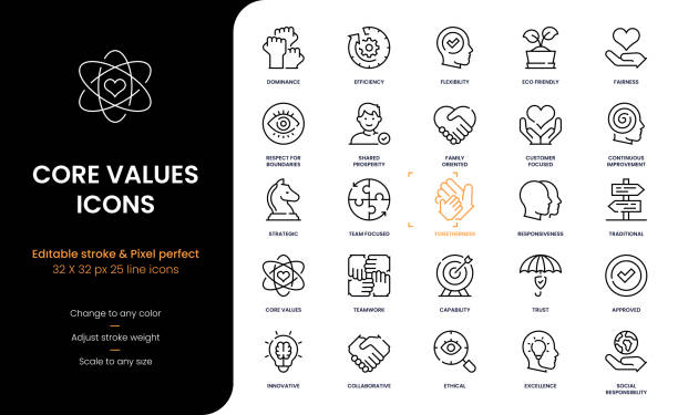 Core Values Editable Stroke Line Icons Core Values Editable Stroke Line Icons morality illustrations stock illustrations