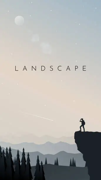 Vector illustration of A man stands on top of a mountain and looks through binoculars. Flat style illustration. Travel concept of discovering, exploring, and observing nature. Hiking. Adventure tourism. Polygonal design.