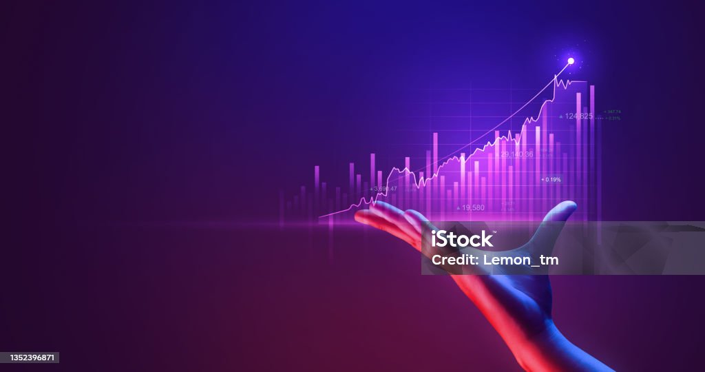 Businessman holding investment finance chart stock market business and exchange financial growth graph virtual technology economy digital analysis on success background with marketing data diagram. Growth Stock Photo