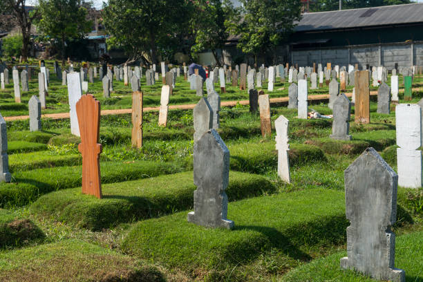 istock Cemetery with trees and many tombstones 1352397909