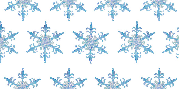 Banner is white, with seamless pattern of blue snowflakes.