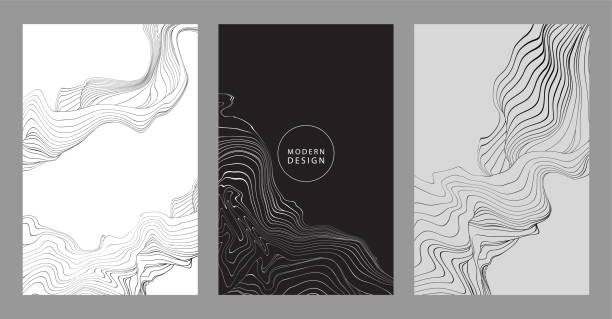 Black lines template, artistic covers design, design backgrounds. Trendy pattern, graphic poster, cards. Vector illustration Vector artistic covers design. Black distort lines wall design backgrounds. Trendy pattern, graphic poster, cards. wave water drawings stock illustrations