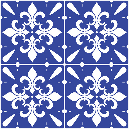 Portuguese Azulejo tile seamless vector decrative pattern with fleur de lis motif, navy blue abstract geometric design