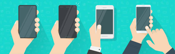 istock Cell phone blank mockup in hand vector set or person man holding or showing mobile cellphone with empty screen template flat cartoon illustration, touching smartphone display with forefinger finger 1352400942