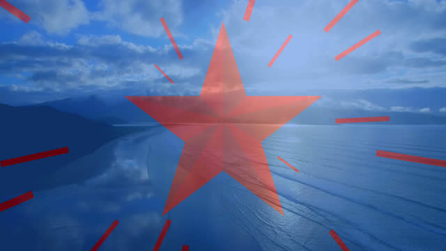 Animation of red stripes and star, american flag elements over ocean and blue sky
