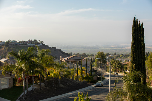 Late afternoon view of a neighborhood in Corona, California, USA.