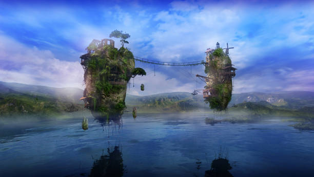 istock Fantastic landscape with flying islands and a lake, 3D render. 1352407221