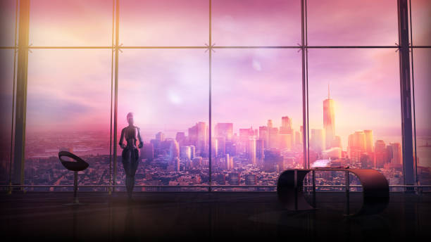 istock Sci-fi storyline with android in the office of the future, 3D render. 1352408244