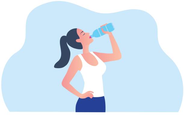 ilustraciones, imágenes clip art, dibujos animados e iconos de stock de ilustración vectorial de botella de agua potable de mujer. estilo de vida saludable concepto de madre - drinking