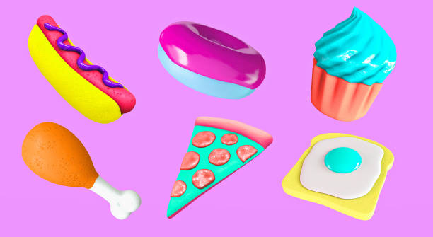 istock 3d render sticker set creative funny stylish food objects. Restaurant, bars, cafes concept 1352410000