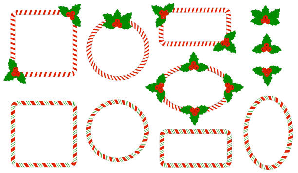 Christmas set  frame candy   cane  with Holly leaves. Festive decorative geometric shapes circle, square, ellipse, rectangle. Vector isolated. Christmas set  frame candy   cane  with Holly leaves. Festive decorative geometric shapes circle, square, ellipse, rectangle. Vector isolated. christmas borders stock illustrations