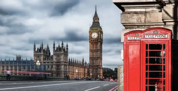 London symbols with BIG BEN and red Phone Booths in England, UK