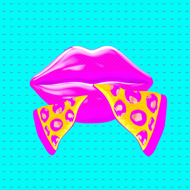 istock Minimalistic stylized collage art. 3d render stylish pizza and lips. Fast food lover concept 1352410891