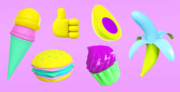 istock 3d render sticker set creative funny stylish food objects. Restaurant, bars, cafes concept 1352411574
