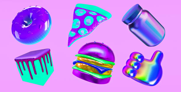 istock 3d render sticker set creative funny stylish neon food objects. Restaurant, bars, cafes concept 1352411585