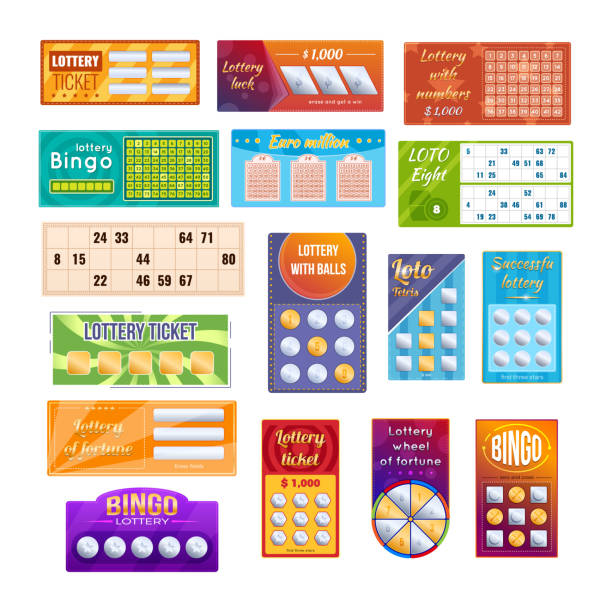 Realistic bright lottery ticket set. Gambling lucky bingo card to win chance lotto game jackpot Realistic bright lottery ticket set. Gambling lucky bingo card to win chance lotto game jackpot. Gaming tickets template form with place for text and numbers cell for checking success vector white background dollar sign currency symbol dependency stock illustrations