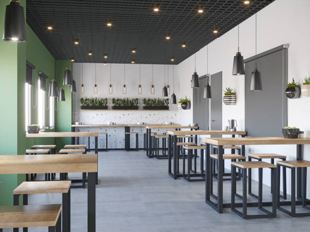 istock 3d rendering of modern cafe with plants and green wall 1352413255