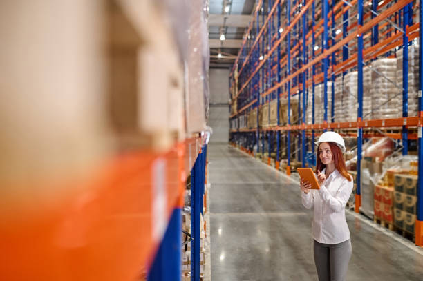 istock Woman with tablet looking at cargo in warehouse 1352413692