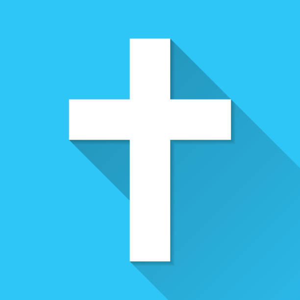 Religion cross. Icon on blue background - Flat Design with Long Shadow White icon of "Religion cross" in a flat design style isolated on a blue background and with a long shadow effect. Vector Illustration (EPS10, well layered and grouped). Easy to edit, manipulate, resize or colorize. Vector and Jpeg file of different sizes. celtic cross stock illustrations