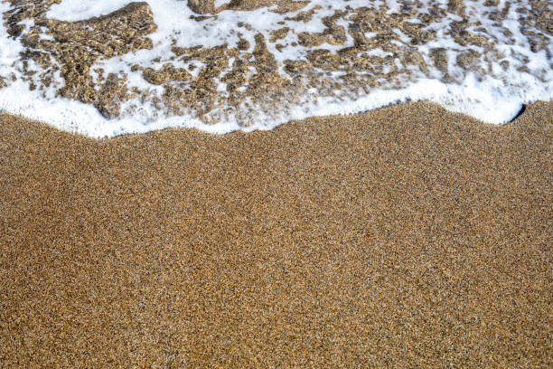 istock sea background surf with foam on sandy beach top view, horizontal 1352413853