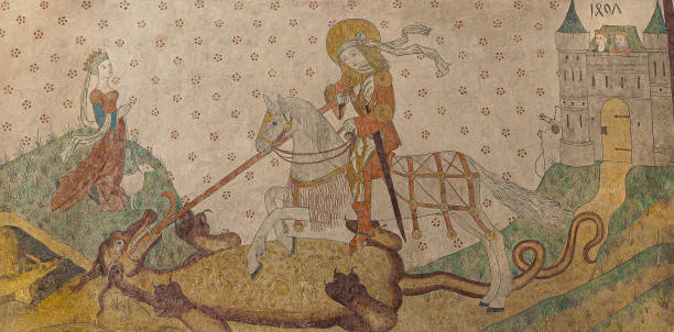 Saint George and the Dragon, an ancient wall-painting in Aarhus cathederal stock photo