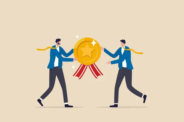 Vector illustration of Employee award recognition, success achievement reward or top star performer of the month, best sales champion or certificate concept, businessman boss giving golden star badge to winning employee.