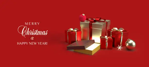 Photo of Christmas greeting card with gift boxes. 3d illustration