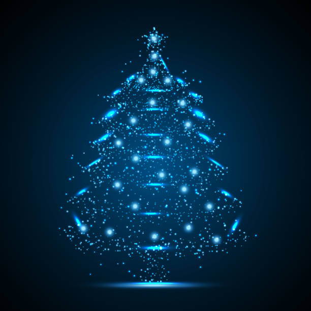 ilustraciones, imágenes clip art, dibujos animados e iconos de stock de forma geométrica futurista vector poligonal del árbol de navidad en forma de cielo estrellado. consiste en puntos, luz, líneas y formas de polietileno bajo en forma de diseño. vector de árbol de navidad de polietileno bajo sobre fondo azul. - futuristic abstract spotted gift