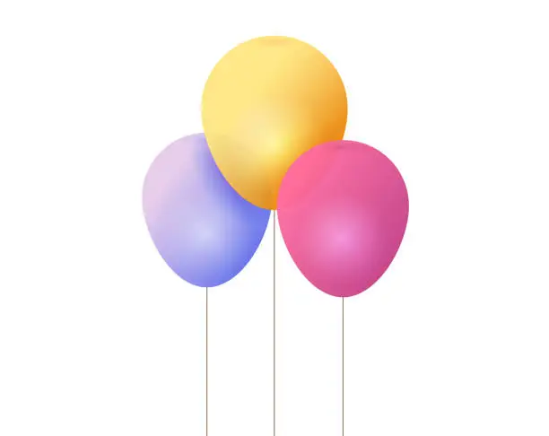 Vector illustration of Birthday three balloons icon vector bunch isolated on white background for party celebration 3d illustration, transparent flying helium ballons realistic pink, gold, yellow, purple color