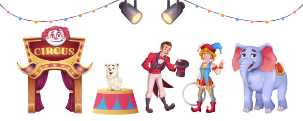 ilustrações de stock, clip art, desenhos animados e ícones de cartoon circus elements with clown, magician man and animals - dog set humor happiness