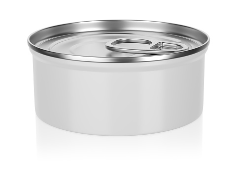 Tin can for preserve food. Template for product design mock-up. Isolated on white background. 3D illustration.