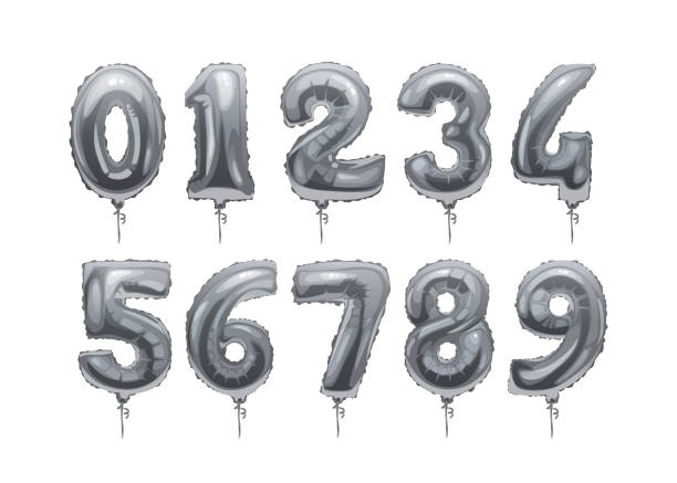 ilustrações de stock, clip art, desenhos animados e ícones de grey helium balloons numbers with ribbons icon set. vector flying in air inflatable digits anniversary party decoration, year birthday celebration symbols. 123 abc numerals, set from 0 to 9 - 0 1 year