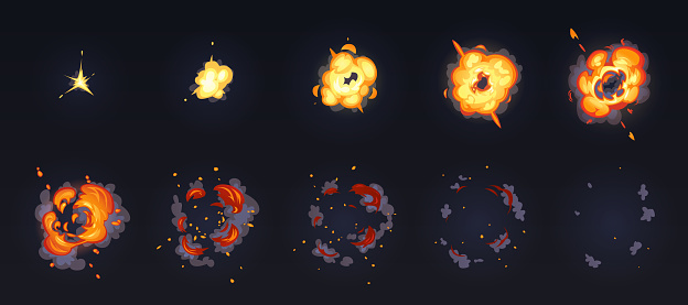 From fire to smoke animation, burning blast of air bomb isolated boom bang animated set. Vector radiation demolition, explode of gas, atomic weapon. Burst effect, fiery cloud explosion, ignite flame