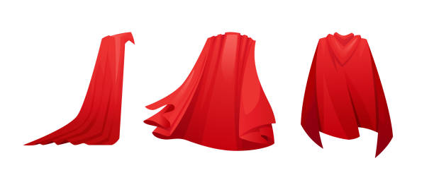 istock Superpower cloak waving in wind, hero accessory isolated red cartoon capes set. Vector superhero satin cloth, magic covers. Mantle costume, magic flowing and flying carnival Halloween vampire clothes 1352419157
