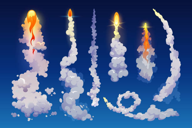 ilustrações, clipart, desenhos animados e ícones de fumaça de fogo de foguete isolada em azul. vetores realistas elementos de lançamento de naves espaciais. chamas de disparo de jato, contrails de transporte de avião, trilhos de jatos de avião e aviação de aeronaves voam a vapor de nave espacial - taking off firework display rocket smoke