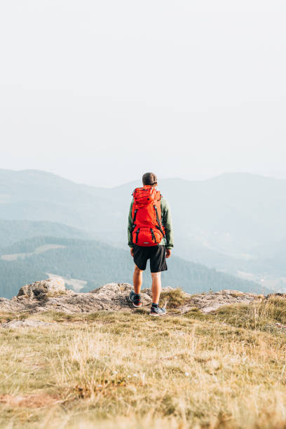 istock Hiker relaxes at viewpoint on grassy mountain ridge 1352420098