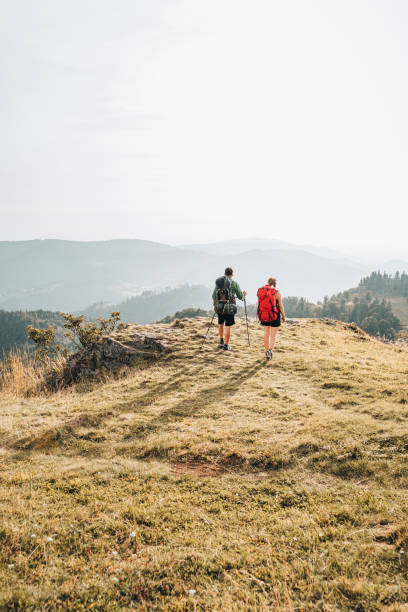 widok przyjaciół wędruczucych trawiastym grzbietem górskim - hiking young women outdoors t shirt zdjęcia i obrazy z banku zdjęć