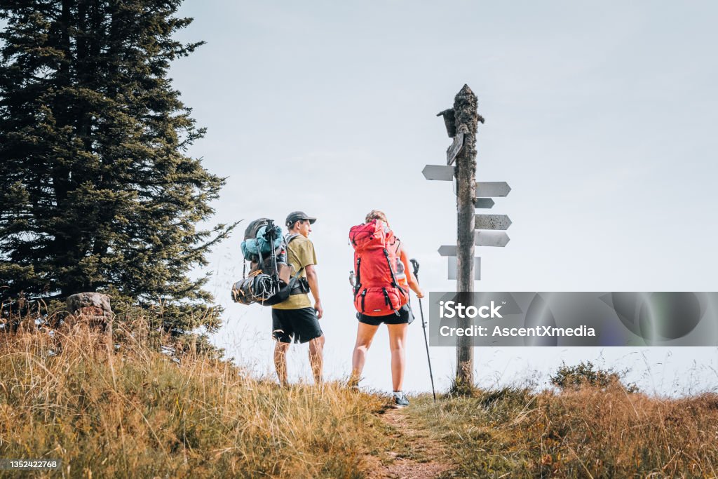 Hiking friends relax on grassy mountain ridge They look at sign post for direction, in the European Alps Trail Marker Stock Photo