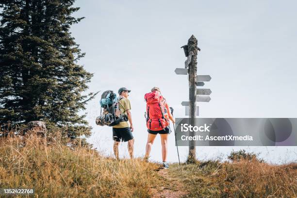 Hiking Friends Relax On Grassy Mountain Ridge Stock Photo - Download Image Now - Trail Marker, Hiking, Sign