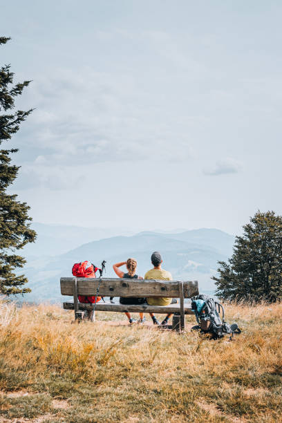 istock Hiking friends relax on grassy mountain ridge 1352422781